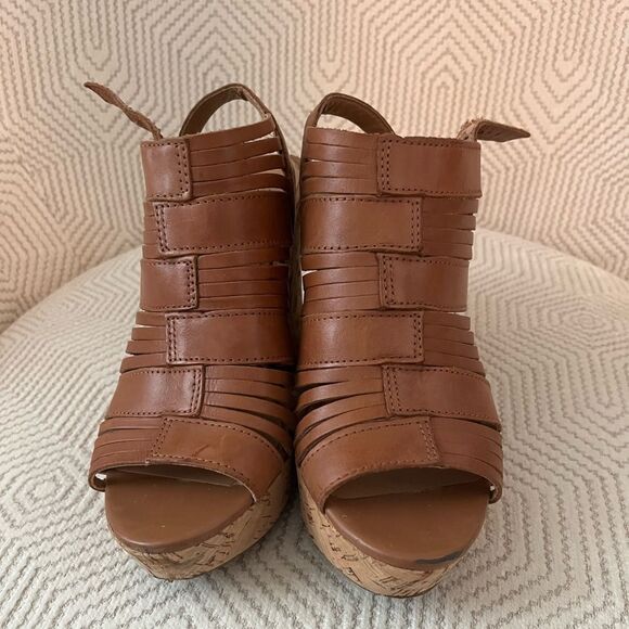 Franco sarto almond leather Wedge cork Sandals 8 boho fun vacation - Picture 4 of 5